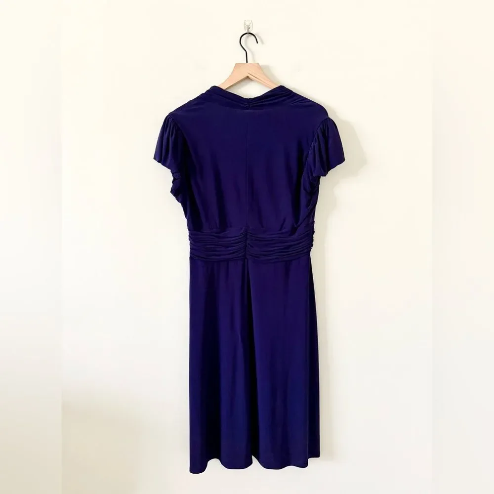 Evan Picone Surplice Neck Ruched Waist Cap Sleeve Midi Dress in Dark Purple 14 - Picture 4 of 6